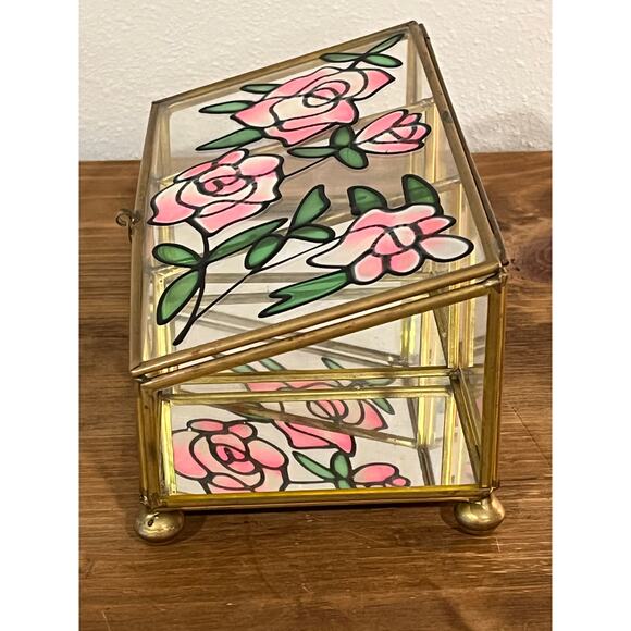 Vintage Stained Glass Jewelry Trinket Box Pink Rose Floral Brass - Picture 6 of 11